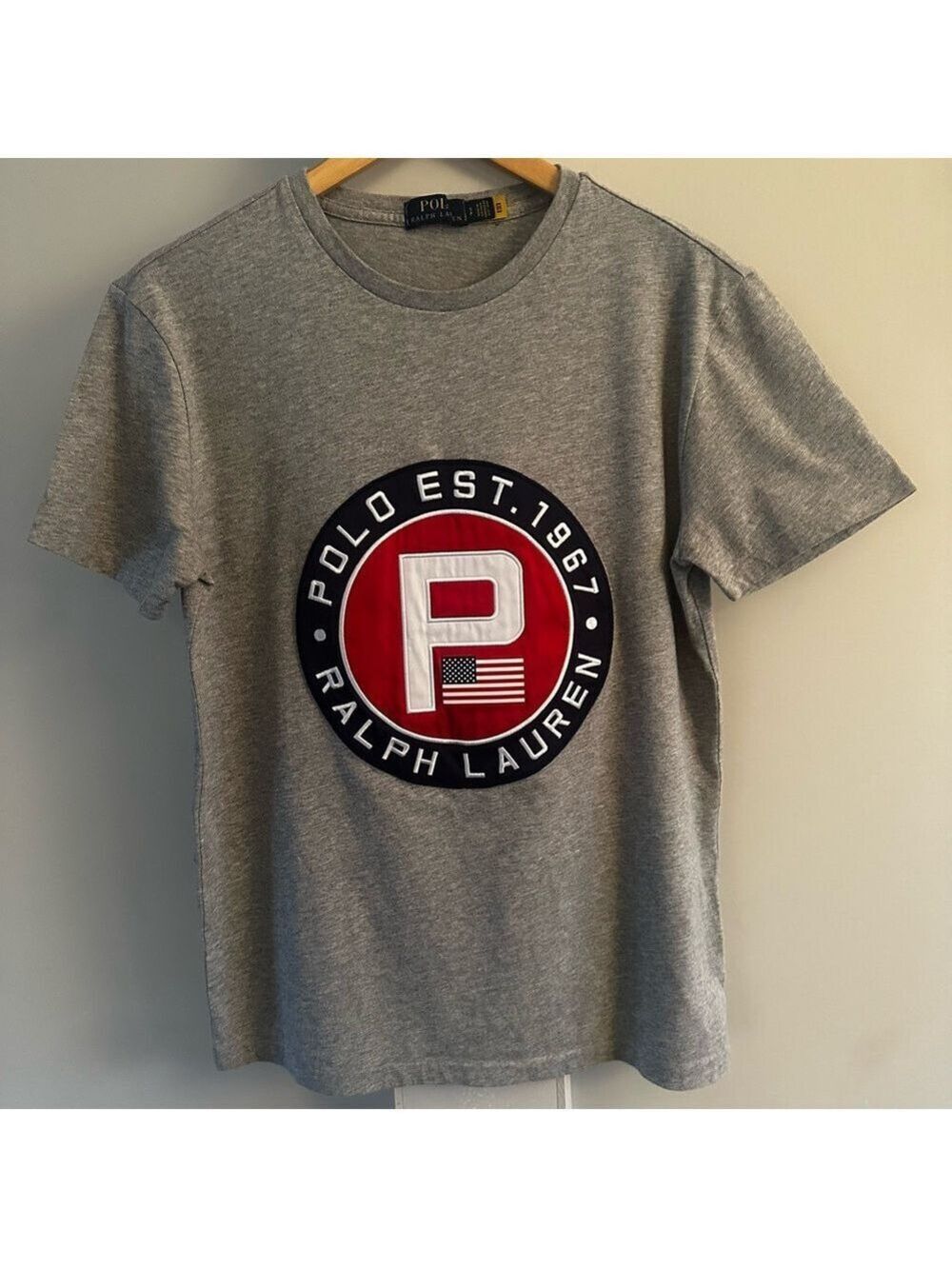POLO RALPH LAUREN  LARGE LOGO EMBROIDERED GREY T- SHIRT  MEN'S SMALL